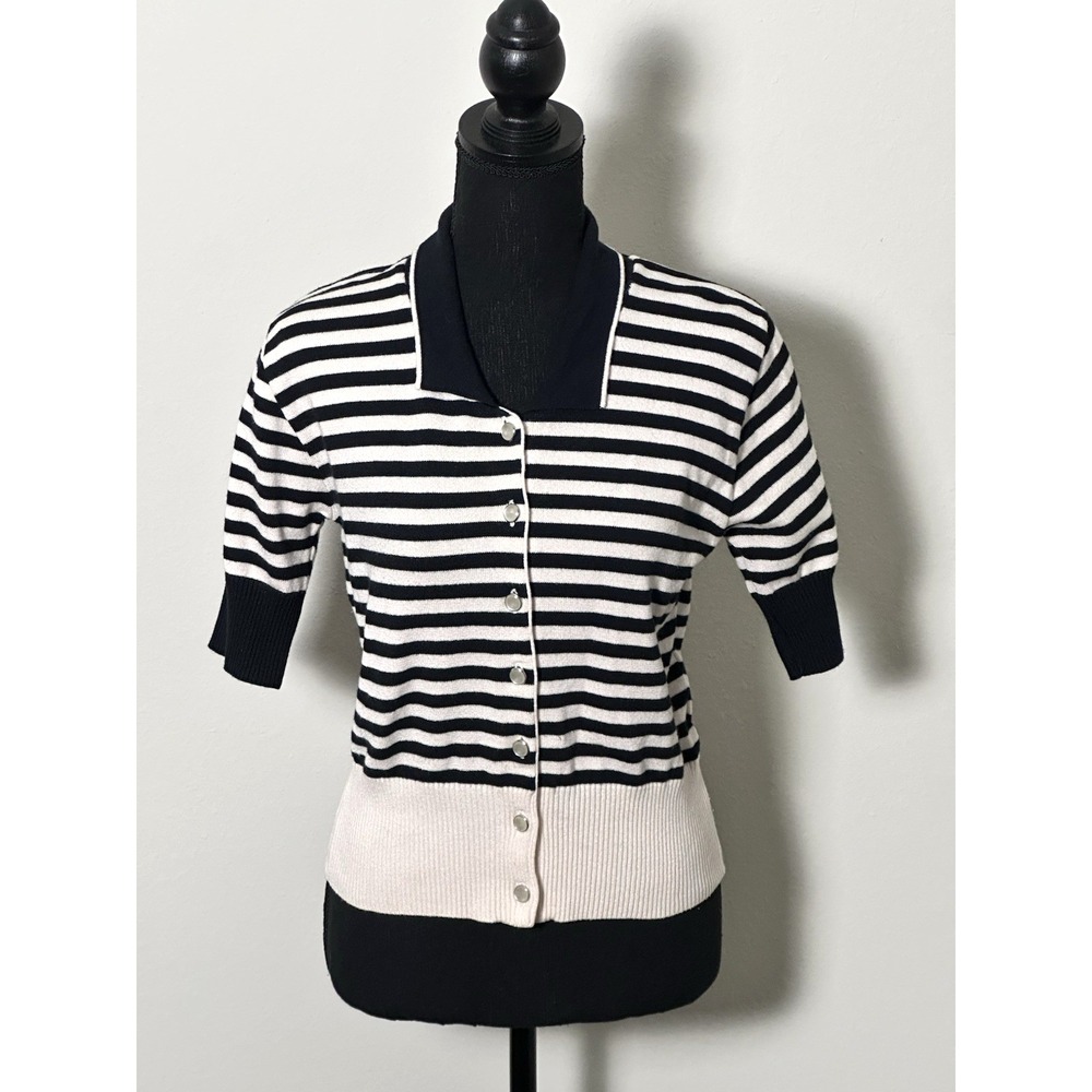 Fili ‎ Dell Arte Women's Collard Navy Striped Shirtsleeves Pearl Style Buttons